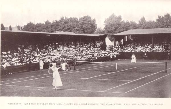 WIMBLEDON, 1906: MISS DOUGLASS (NOW MRS. LAMBERT CHAMBERS) WRESTING THE CHAMPIONSHIP FROM MISS SUTTON, THE HOLDER.