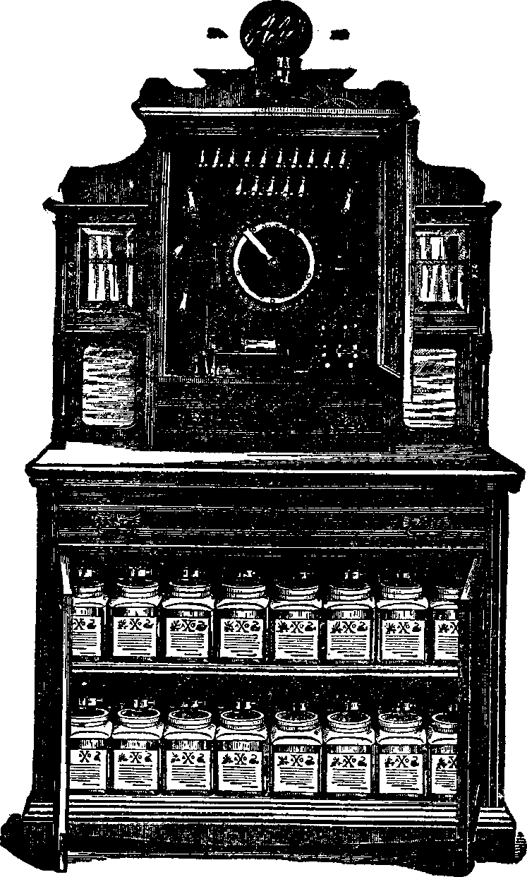 Illustration:
Fig. 4. Our large 40 cell Galvano-Faradic Battery with Switch-board.