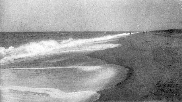 South shore, Martha's Vineyard, Massachusetts, showing
a characteristic sand beach with long slope and low dunes. Note the
three lines of breakers and the splash flows cutting little bays in
the sand.