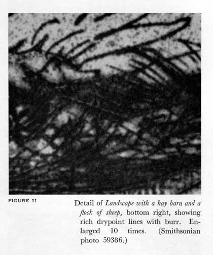 Detail of Landscape with a hay barn and a flock of sheep, bottom right, showing rich drypoint lines with burr. Enlarged 10 times.