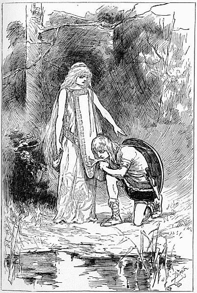 "THE BOY CHIEFTAIN KNELT AND KISSED THE HEM OF THE DARLING LITTLE
MAIDEN'S PURPLE ROBE."