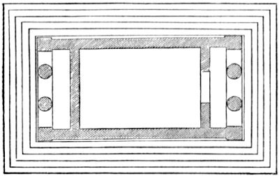 Showing a simple building, steps on all sides, and two columns at each end