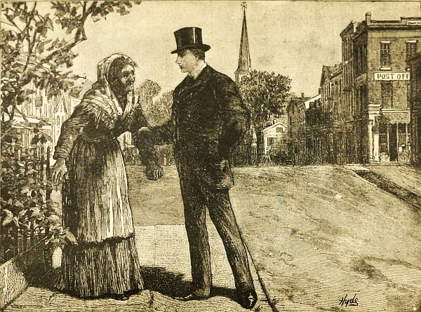 "'Look out,' cried the detective, 'or you will get yourself into trouble,' and he tightened his grip on the old creature's arm."—(Page 43.) (Frontispiece.)