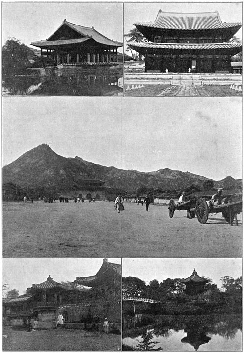 De lotoszaal in ’t Noord-Paleis. De groote troonzaal in ’t Noord-Paleis. Poort van ’t Noord-Paleis (Stadszijde). Paviljoen in ’t Zomer-Paleis. Theekoepel in ’t Zomer-Paleis.