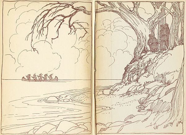 endpapers men on shore watching men in canoe on water