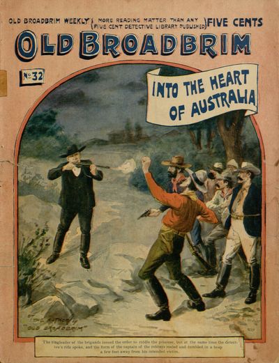 The ringleader of the brigands issued the order to riddle the prisoner, but at the same time the detective's
rifle spoke, and the form of the captain of the robbers reeled and tumbled in a heap
a few feet away from his intended victim.